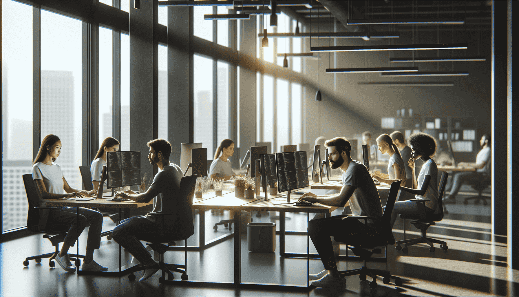 Oficina moderna con desarrolladores trabajando